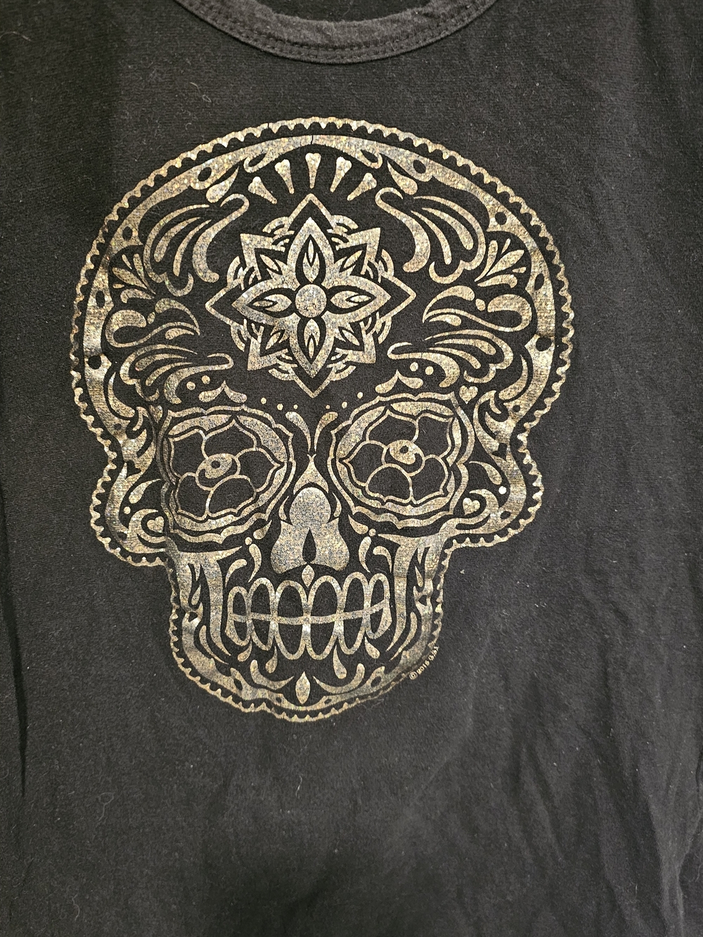 Women’s Black Long Sleeve Tee with Metallic Sugar Skull